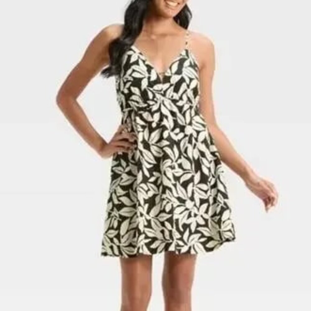 a new day Women's LG A-line Mini Spaghetti Strap Tropical Black Cream Dress